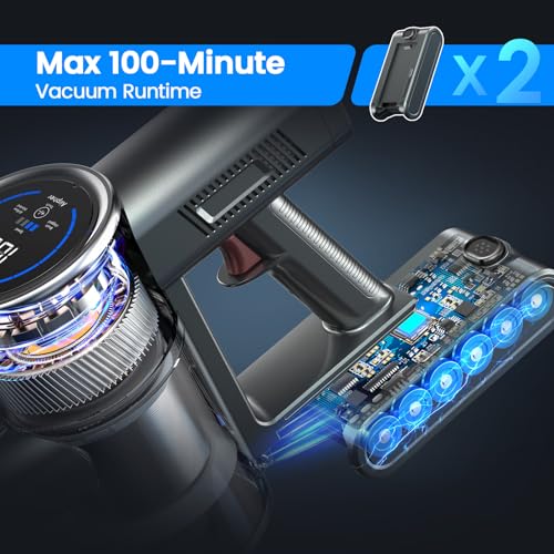 Cordless Vacuum Cleaner, 2 Batteries 100 Mins Runtime Vacuum Cleaners for Home, 350W 35KPA Stick Vacuum with LED Display Brushless Motor, Vacuum Cleaner for Carpet & Hard Floor Pet Hair