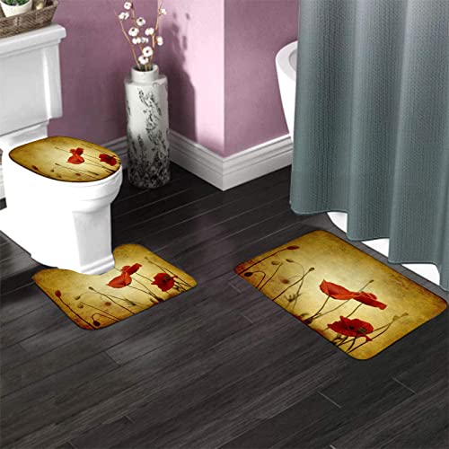 Badezimmerteppich-Set, 3-teilig, roter Mohn, natürliche Kunst, waschbare Badeteppiche, rutschfest, mit Stützpolster, Konturteppich und Toilettendeckelbezug – Bild 3