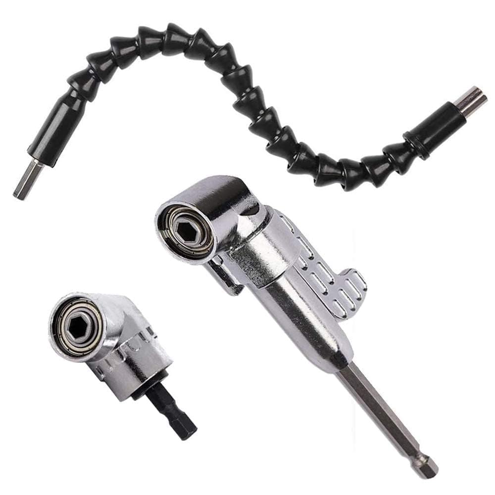 Zythrem 105 Degree Right Angle Drill Adapter Hex Shank Screwdriver Angled Bit Holder Power Drill Tool and Flexible Angle Extension Bit Kit for Tight Corner Workspace
