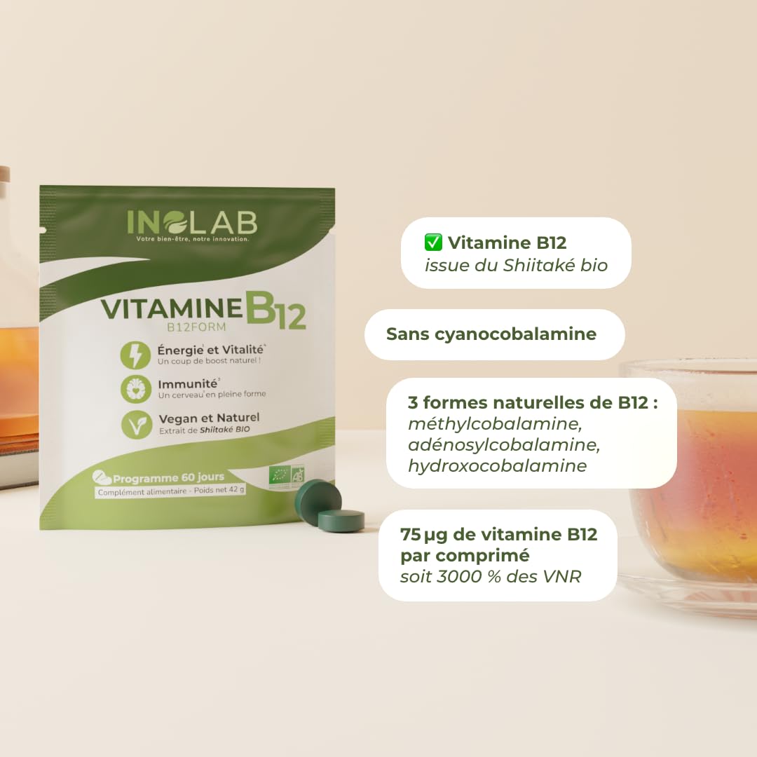 INOLAB VITAMINE B12 - Biologique, Vegan/Extrait de Shiitaké Bio/Methylcobalamine, Adénosylcobalamine & Hydroxocobalamine/B12FORM Haute biodisponibilité