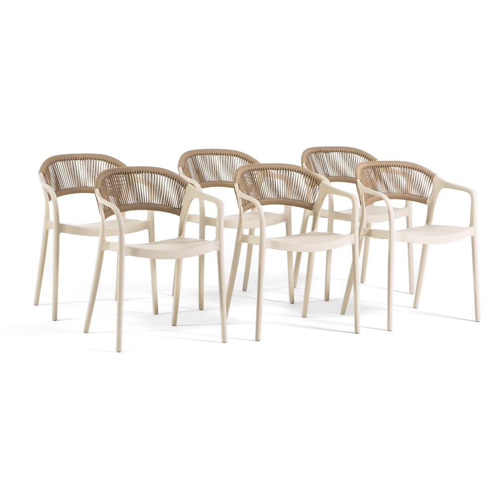 SIEDITI FUORI E DENTRO Sedie impilabili in polipropilene con fibra di vetro per esterno/giardino con schienale in corda, idrorepellenti e resistenti, design moderno - Jolanda (6, Crema)