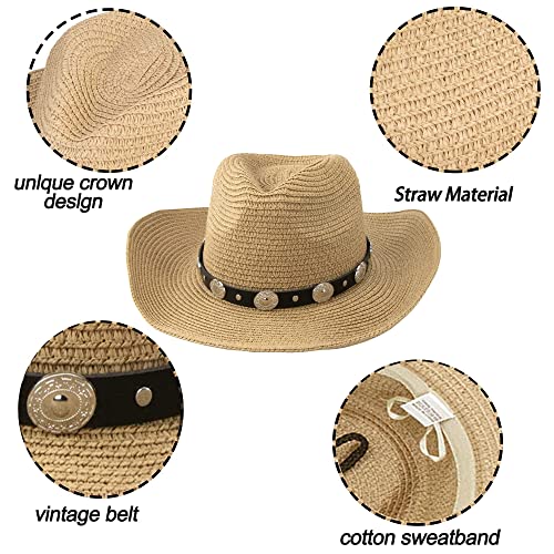 Summer Straw Cowboy Hat For Women Wide-Brim Beach Sun Hat With Chin Strap,Cowgirl Straw Hat With Detachable Belt Rope Decor (Khaki Medium) #TOP5