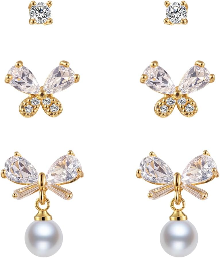 3 Pairs 14K Gold Plated Butterfly Stud Earrings for Women - Cubic Zirconia Bow Design, Hypoallergenic Fashion Jewelry Gift