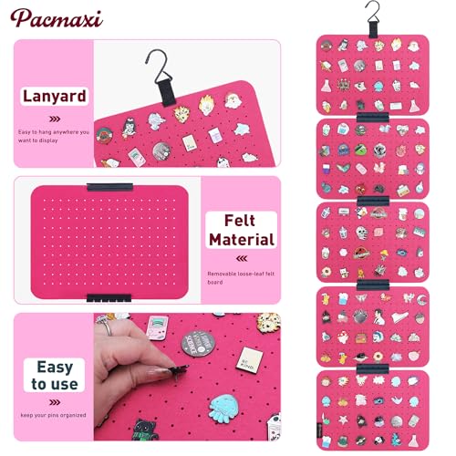 Image of PACMAXI Hanging Enamel Lapel Pin Display Panels Organizer With 5 Loose-leaf Board Pieces, Brooch Pin Enamel Pin Display Pages, Badge Collection Display Holder Holds At Least 120 Pins. (Rose red)