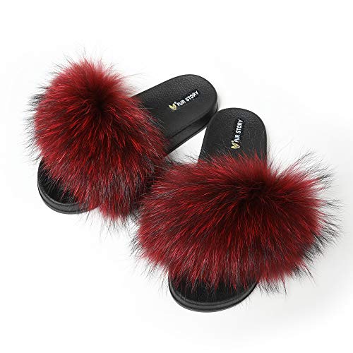 Fur Story Women's Fox Fur Slides Furry Slide Sandal (9, Wine Raccoon) - Thumbnail 7