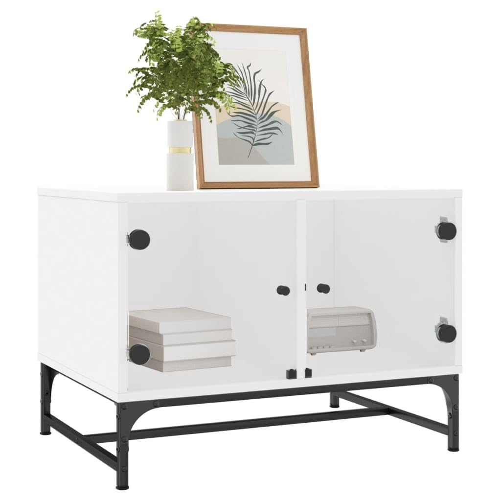 Homgoday Tavolino da caffè con ante in vetro, bianco, 68,5 x 50 x 50 cm, tavolino da tè per soggiorno, sala d'accoglienza degli ospiti, camera da letto e mobili da ufficio