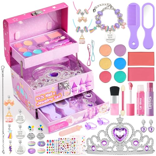Kids Makeup Kit for Girls, Real Washable Cosmetic Set with Mirror, Jewelry Bracelet Making Kit for Kids Makeup Toy, Kids Makeup Sets for Girls 4 5 6 7 8 9 10 11 12 Years Old Kid (Purple)