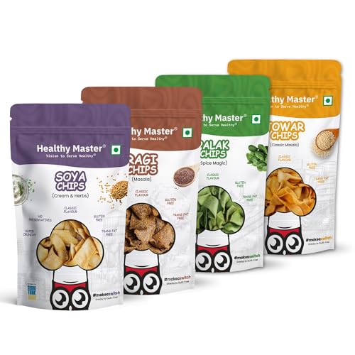 Image of Healthy Master Chips Combo | Pack of 4 (100g each) | (Soya,Palak,Jowar,Ragi ) | Light & Crispy Chips, high protein | Natural ingredients, Vegan, Gluten Free, No Palm Oil, No Artificial Preservatives, Trans Fat Free, Low Calorie