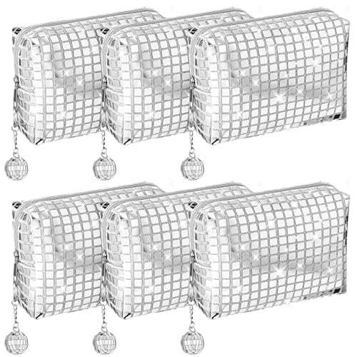 6 Pack Large Capacity Disco Cosmetic Bags Portable Silver Glitter Sequin Makeup Organizer with Zipper Disco Ball Rectangular Quilted for Bachelorette New Years Eve, 70s, 80s, 90s Party Favors