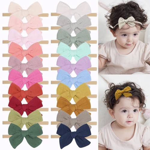 Image of doboi 20PCS Baby Headbands Hair Bows Muslin Gauze Bows Elastic Nylon Hairbands Boutique Soft Hair Accessories for Girls Newborns Infants Toddlers and Kids