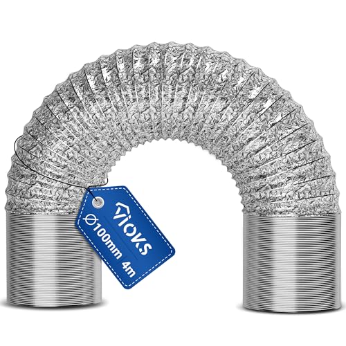 VIOKS Tubo flessibile da 4 metri, 100 mm, per sistemi di conduzione dell'aria da 100 R, tubo flessibile universale in alluminio, 100 mm, tubo di scarico per essiccatore, climatizzatore, mobile, cappa