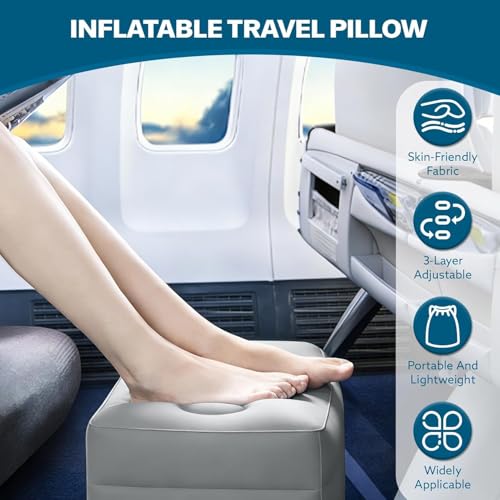 Image of Inflatable Air Travel Pillow Long Travel Footstool Seat Foot Rest Pillow Foldable for Flight Home Office Footstool Self-Inflatable Air for Adult Kids, Travel Leg Support with Storage Bag