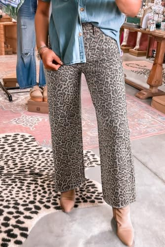 Women's High Waist Brown Leopard Frayed Edge Wide Leg Jeans2