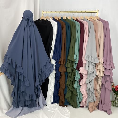 SYANKANGXIAO Elegant Muslim Ramadan Chiffon Long Two Layers Khimar with Ruffles for Women Abaya Islamic Prayer Instant Hijab3