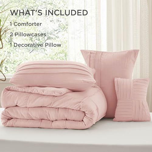 Image of Bedsure Full Comforter Set - 4 Pieces Pinch Pleat Bed Set, Light Pink Boho Bedding for All Season, 1 Soft Comforter, 2 Pillowcases, 1 Decorative Pillow