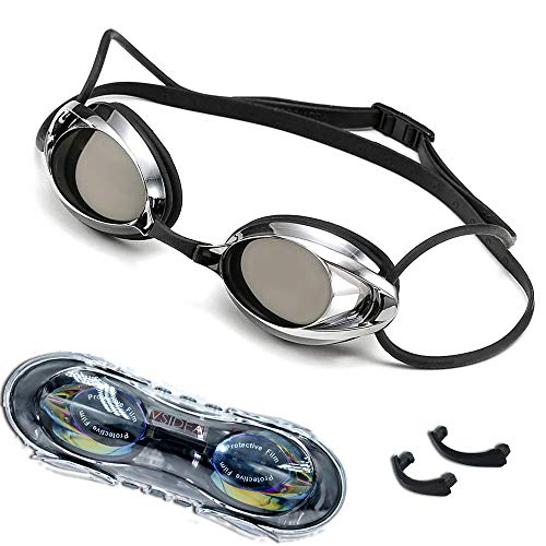 Sosila Schwimmbrille Antibeschlag DREI Nasenaufsätze Tauchbrille Anti-Fog Beschichtung UV-Schutz Brillengläser Wasserdicht weicher Nasenaufsatz Schwimmbrille mit Brillenetui Schutzhülle (Silber) Cover