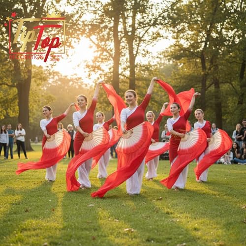 Image of Premium Dancing Long Veil Bamboo Folding Streamer Silk Hand Fan For Dance Shows (Imperial Red, Pack of 1 Piece)