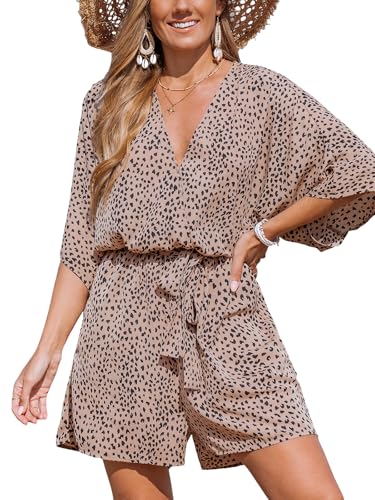 CUPSHE Combinaison Femme Jumpsuit Col en V avec Dentelle et Manches Longues Style Dolman Imprimée Léopard Pantalon Large et Court Décontracté, Motif...
