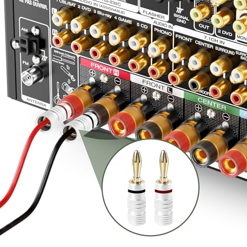 8 Stück 24K Vergoldet Bananenstecker, Lautsprecher Banana Steckverbinder, Schraubbare Lautsprecherkabel Anschlüsse für HiFi Audio Heimkino Systeme, 4 Rot 4 Schwarz, Kompatibel Kabeln 0.75 mm bis 4 mm