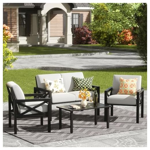 NATURAL EXPRESSIONS Outdoor Patio Furniture 4 Pieces Set, Modern Patio Conversation Sets, Outdoor Sectional Metal Sofa with 5.5 Inch Cushion and Coffee Table for Balcony, Garden