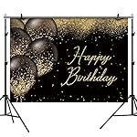 Happy Birthday Backdrop Black and Gold Glitter Bokeh Balloons Photography Background Birthday Party Golden Sparkle Bday Banner Decorations Supplies Photo Booth Studio Props Soft Fabric 7x5ft - Image 3