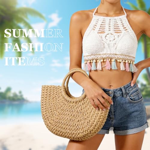 Image of PALAY Women's Summer Beach Backless Crochet Halter Bikini Crop Top Crochet Hollow Out Tassle Embroidery Knit Boho Beachwear