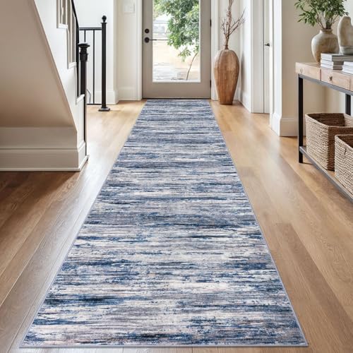 2.6x16 Navy Blue Gray Neutral Multi Modern Abstract Runner Rug for Hallways, Super Soft Hallway Decor Kitchen Rugs with Non-Slip, Non-Shedding Washable Rug for Entryway Bedroom Indoor