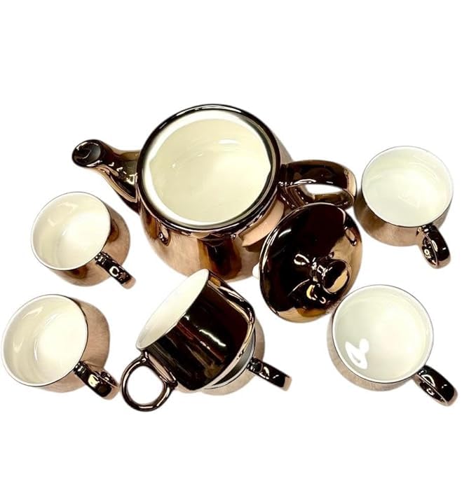 Image of DMRD Porcelain Tea Set with Kettle |Tea Cup Set 7Pc | Aesthetic and Classic Cups Set | Premium Crockery for Home & Gifting with Golden Color Geometric Pattern Design. (Golden)