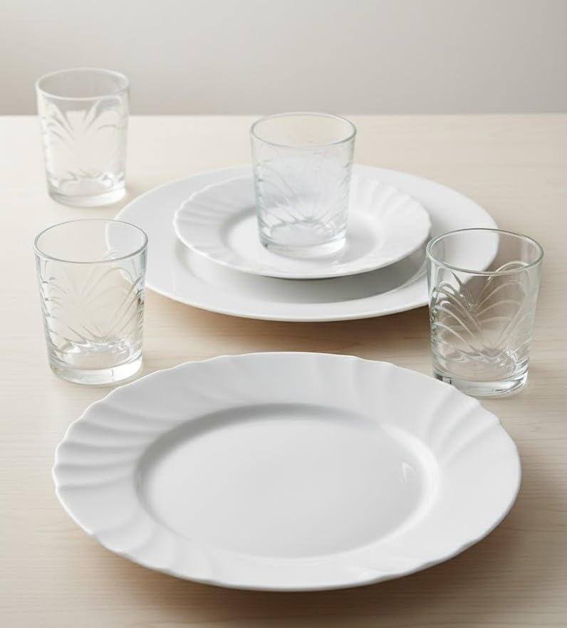 Vajilla Completa de 18 Piezas – 6 Platos de 25cm, 6 Platos de 20cm y 6 Vasos de Vidrio Elegantes – Vidrio Opal – Resistente y Duradero – Ideal para Uso Diario