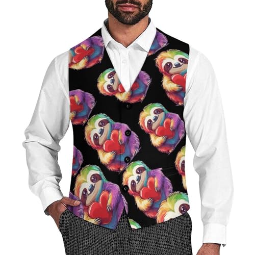 Colorful Sloth Heart Men's Suit Vests Dress Vest V-Neck Waistcoat Slim Business Formal with Pocket