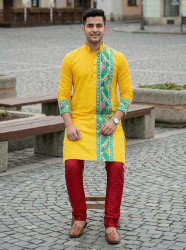 Image of Men's Jamdani Printed Kurta Pajama Set | Pure Cotton Ethnic Kurta with Mandarin Collar & Dupion Silk Pyjama | Festive & Weddings 303A12A 303SB12B(M XXL)