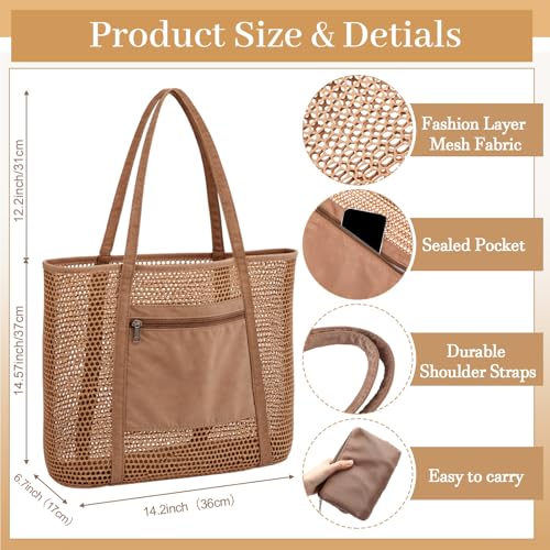 Image of Aliceset 2 Pack Crochet Mesh Beach Tote Bag with Letter Patch Pocket Summer Beach Tote Bohemian Straw Transparent Bag