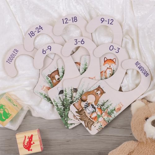 Image of IDYLLICA Wood Baby Closet Dividers & Clothing Organizer - Premium Wood 8-Pack Wooden Unisex Gender Neutral Nursery Organization for Storing Baby’s Clothing - Forest Animal Boutique Boho Minimalist