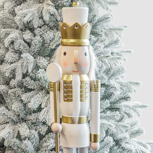 KI Store 4ft Wooden Christmas Nutcracker White and Gold Soldier Figurine Life Size Collectible Nutcracker Decorations for Christmas Decorations