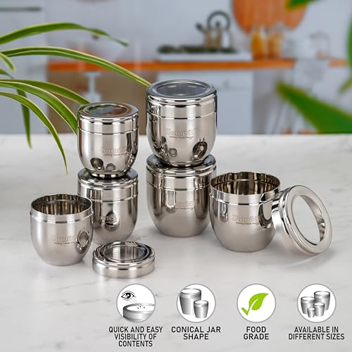 Image of Sumeet Stainless Steel Conical Shape Canisters /Dabba /Storage Containers for Kitchen with See Through Lid, Set of 6 Pcs, (150ml-6cm Dia-3Pc & 250ml-7cm Dia-3Pc), Silver