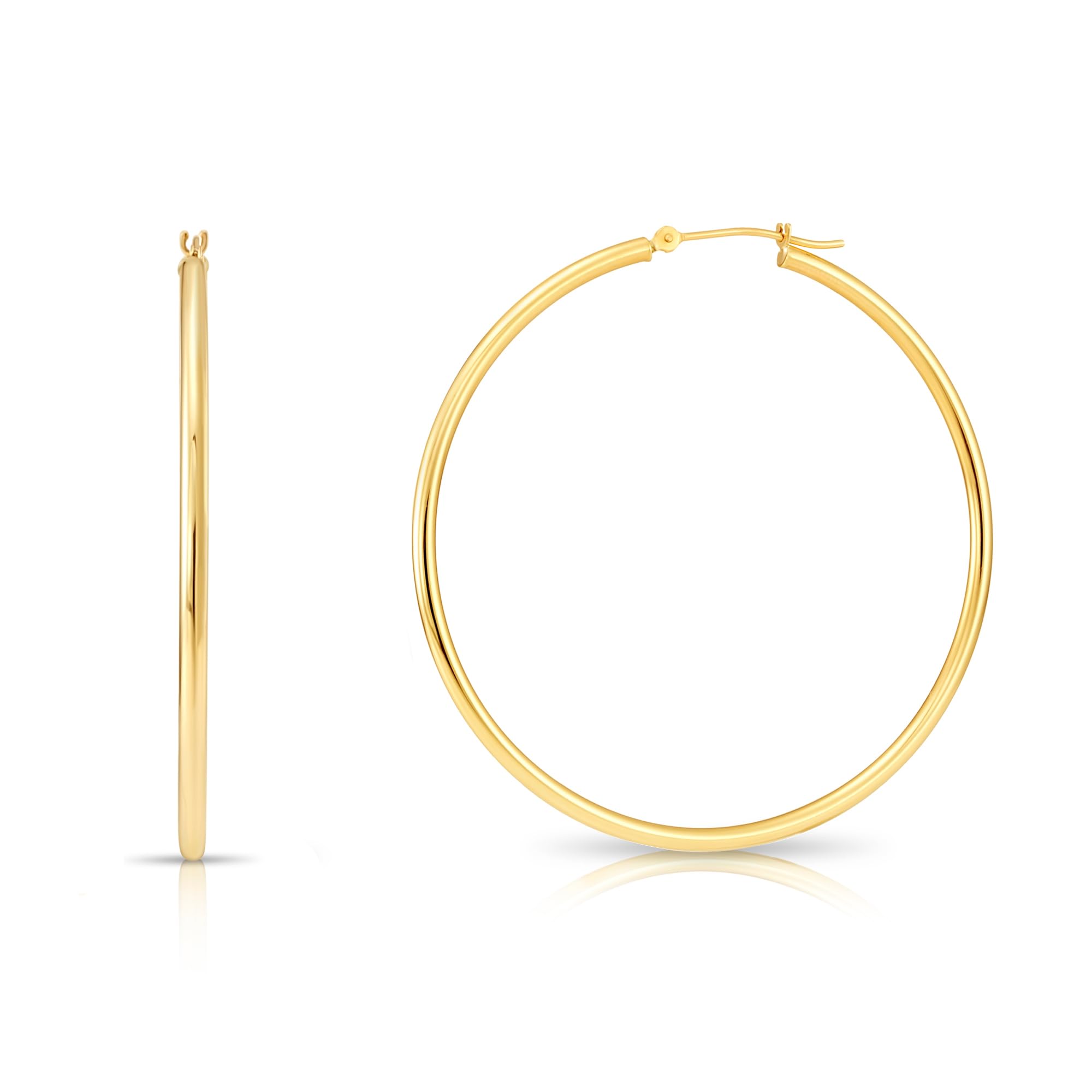 14k Yellow Gold Classic Shiny Polished Round Hoop Earrings 2mm tube