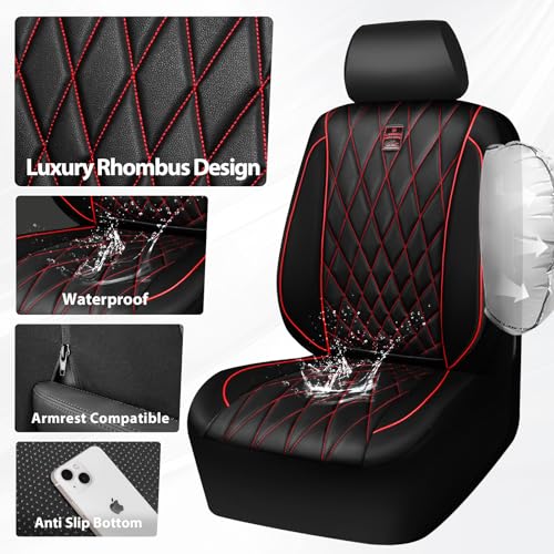 Image of CAR PASS Piping Luxury PU Leather Two Front Car Seat Covers, Waterproof Anti Slip Seat Covers Compatible with Front Seat Armrests,Universal Fit for Suvs,Vans,Trucks,Airbag Compatible(Black and Red)