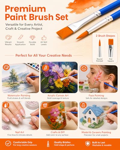 Image of Small Paint Brushes Bulk, 160 Pcs Flat Tip Round Acrylic Paint Brushes for Kids Classroom Acrylic Watercolor Canvas Face Painting Touch Up