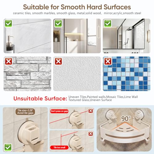 【2026 Upgraded】New Adjustable Corner Shower Caddy Suction Cup,Extremely Strong Suction Power, No Drilling Rust Proof Aluminum Suction Cup Shower Caddy with Towel Bar(2-Pack,Ivory Suction Shower Caddy) by Zoihklf - Image 7