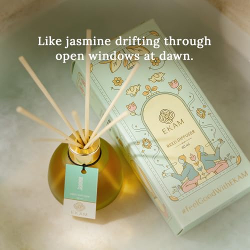 Image of Ekam Frosted Glass 60ml Jasmine Reed Diffuser Set | Free 6 Fiber Reed Sticks | Stress Relief & Aromatherapy | Long-Lasting Home Fragrance (Up to 60 Days) | Air Freshener for Room, Bedroom & Bathroom