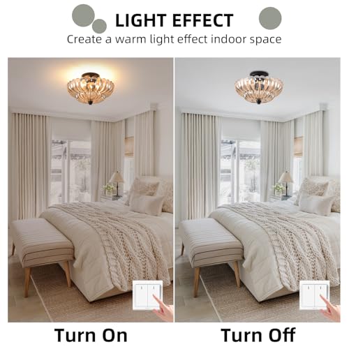 Image of Semi Flush Mount Ceiling Light, 11.8 Inch Black Vintage Hallway Light Fixture with Amber Glass, Close to Ceiling Light for Bedroom Kitchen Living Room Bathroom Foyer, E26 Base