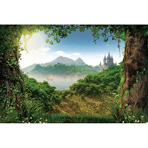 Xiaoterna 1,5x1m Bosque de telón de Fondo Primavera Bosque Encantado Fotografía de Fondo Cuento de Hadas Bosque brumoso Castillo Montaña Lago Amanecer País de Las Maravillas Telón de Fondo