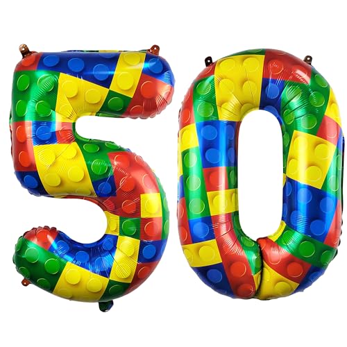 Image of 32 Inch Building Block Number 50 Balloons birthday Block Themed Large Big Helium Foil Mylar Balloon for Girls Boys Birthday Party Decoration Supplies