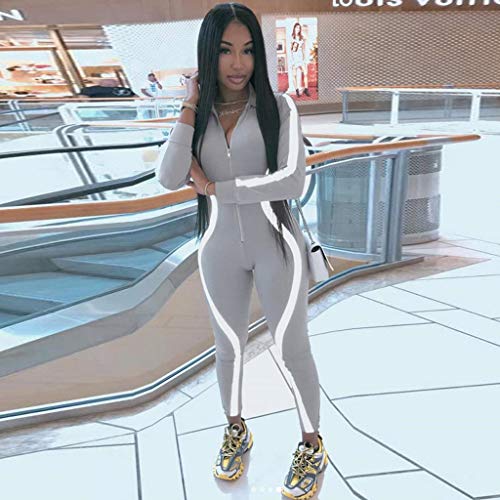 iYBUIA Women Yoga Fitness Motion Workout Reflective Patchwork Long Sleeve Tight Jumpsuit Zipper Slim S-L Gray - Thumbnail 3