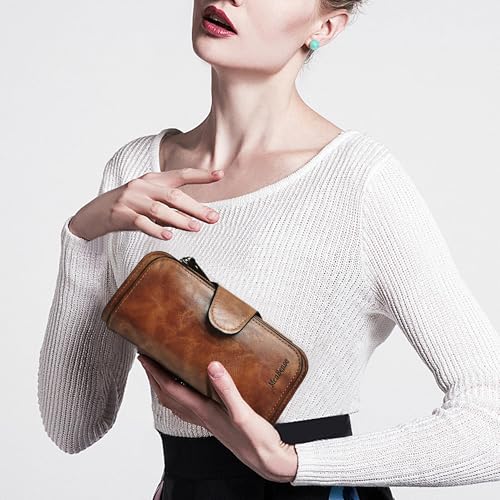 Women's Credit Card Wallet Trifold Long with Zipper Pocket RFID Large (Brown)2