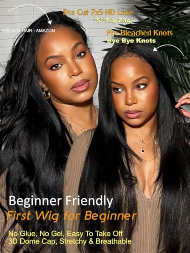 Image of Sunber Yaki Straight Human Hair Bye Bye Knots Pre Cut 7x5 Lace Front Wigs