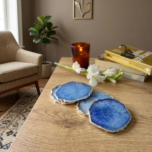 Image of Natural Agate Stone Tea Coasters Set | Premium Stone Coasters for Tea, Coffee & Glass | Heat Resistant Coasters for Dining Table, Office Desk & Home Decor | Pack of 4 | Color -Blue