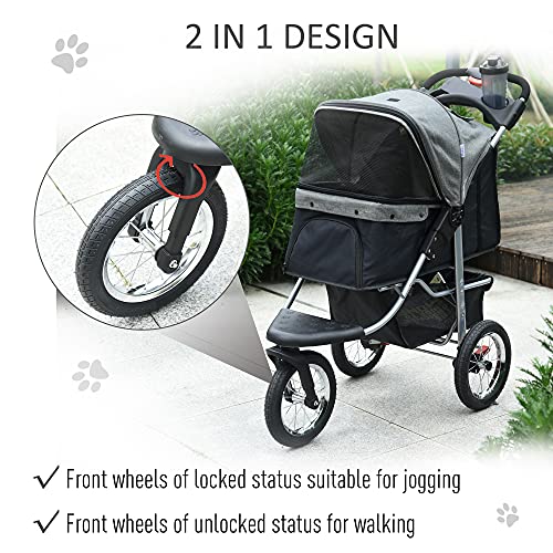 PawHut Luxury One-Click Folding Pet Stroller Dog/Cat Travel Carriage with Wheels Adjustable Canopy Zippered Mesh Window… - Image 5