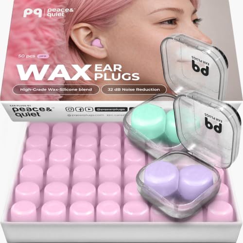 Image of Peace&Quiet PQ Wax Ear Plugs for Sleeping, Swimming - 50 Soft Noise Cancelling Silicone Gel Wax Earplugs for Sleep and Swimmers, Ear Protection with Sound Blocking Level of 32 Db,