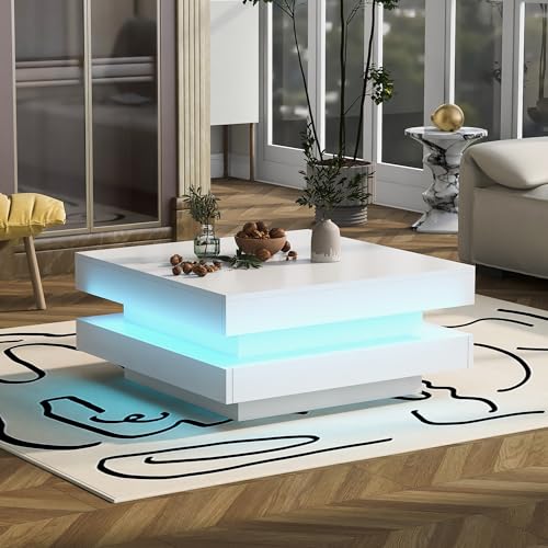 BTM Table Basse Blanche avec Eclairage LED Réglable, Table Basse Carrée Moderne, Table d'appoint pour Salon, Contrôle des Applications, Charge de 30kg, 70x70x36 cm,...